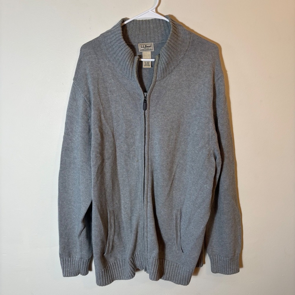 L.L. Bean Gray 100%‎ Cotton Full Zip Knit Sweater Cardigan Size XL